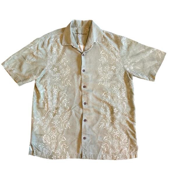Men’s Tommy Bahama Green Floral 100% Silk Button Short Sleeve Shirt Size Medium - Picture 1 of 6